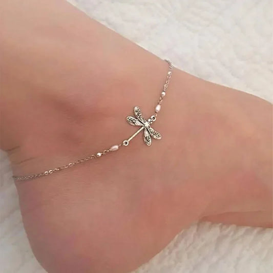 Little Dragonfly Charm Anklet with Silvertone Chain