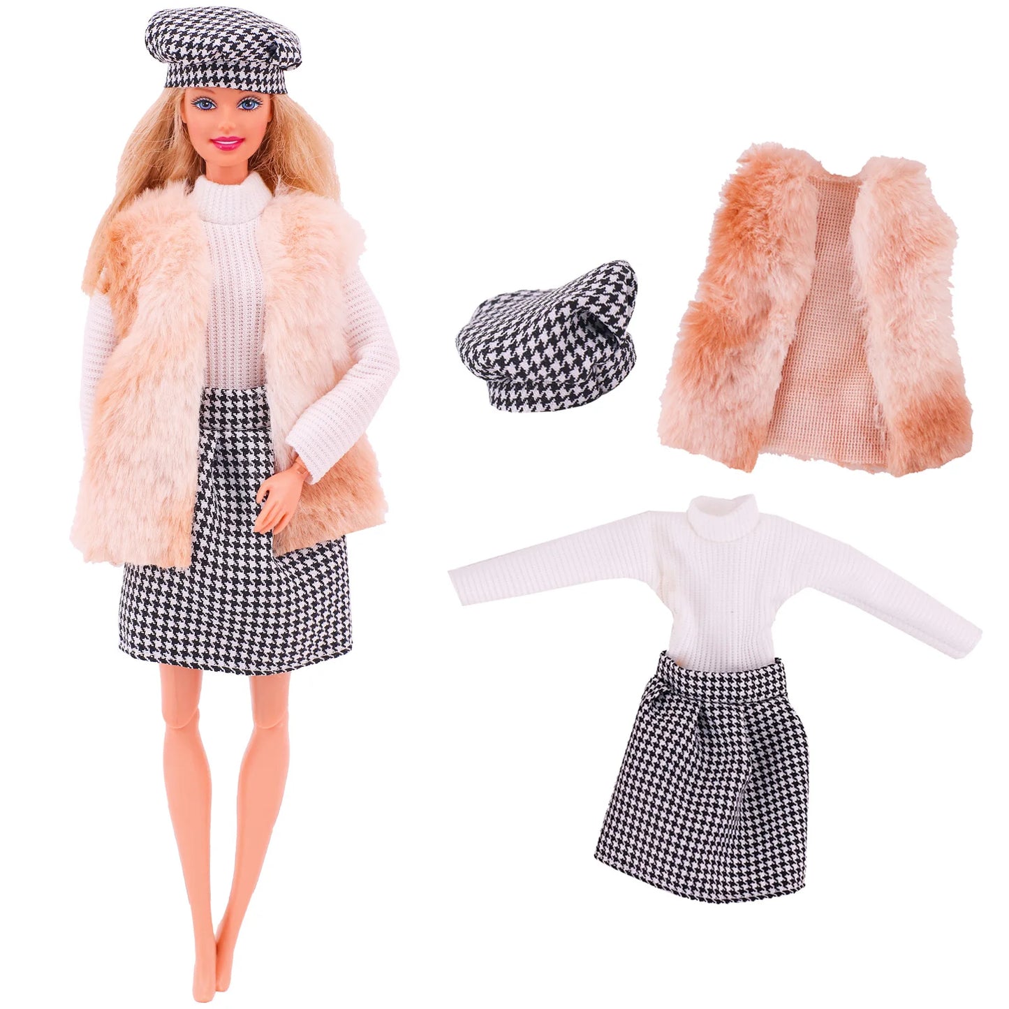 4 Pcs/Set Fur Vest Coat + Dress/Casual Outfit