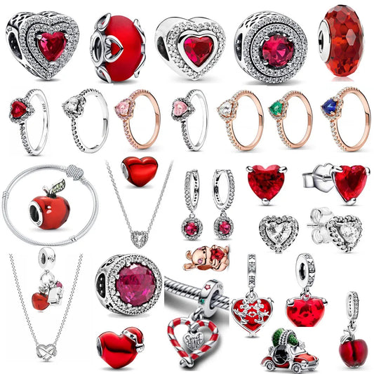 Red Series Gift (Dangle Charms Beads, Plated Fit Original Heart Bracelet, Colorful Rings)