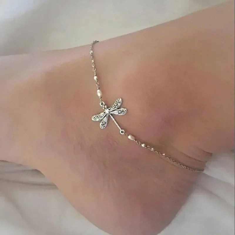 Little Dragonfly Charm Anklet with Silvertone Chain
